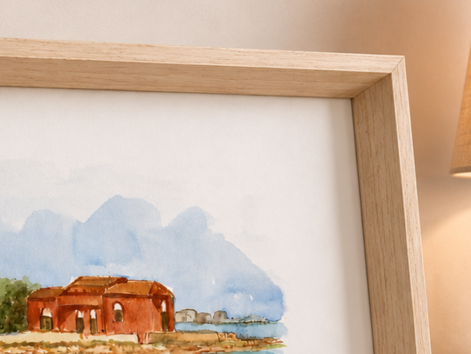 Isolotto Brancati – Acquarello Originale 35×25 cm con Cornice in Legno