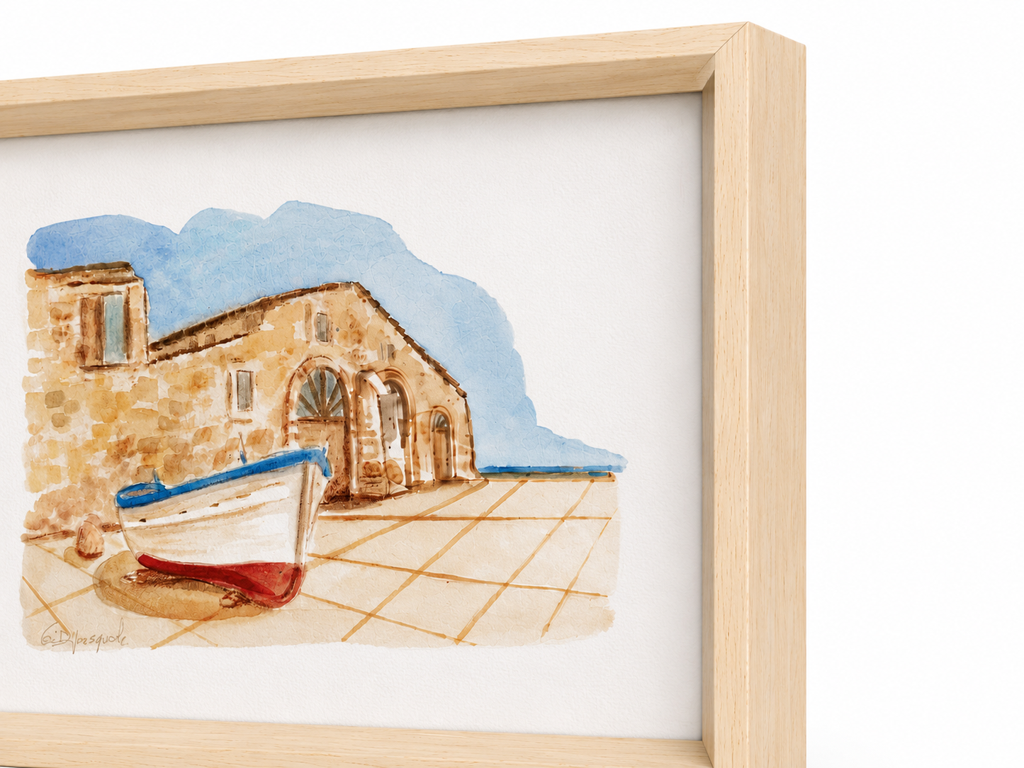 Tonnara con Barca – Acquarello Originale 35×25 cm con Cornice in Legno