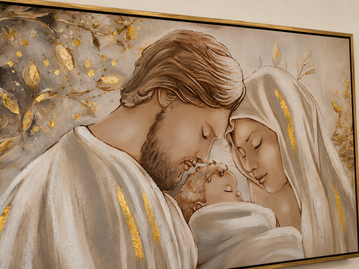 Capezzale Sacra Famiglia Moderno con Foglia Oro – Quadro Religioso 70x140 cm