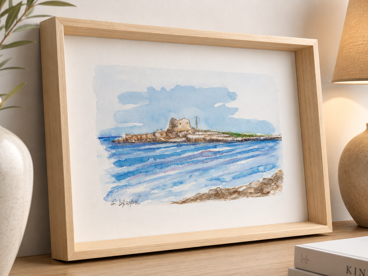 Isola delle correnti – Acquarello Originale 35×25 cm con Cornice in Legno