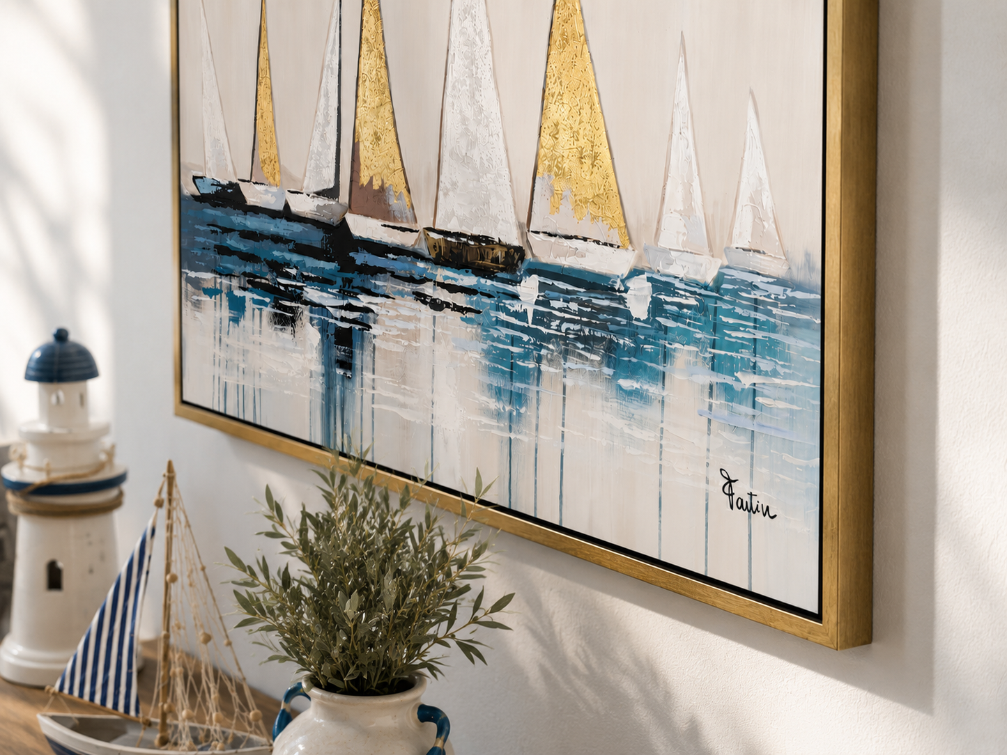 Quadro Barche a Vela Moderno con Foglia Oro – Dipinto Astratto Mare con Cornice Oro