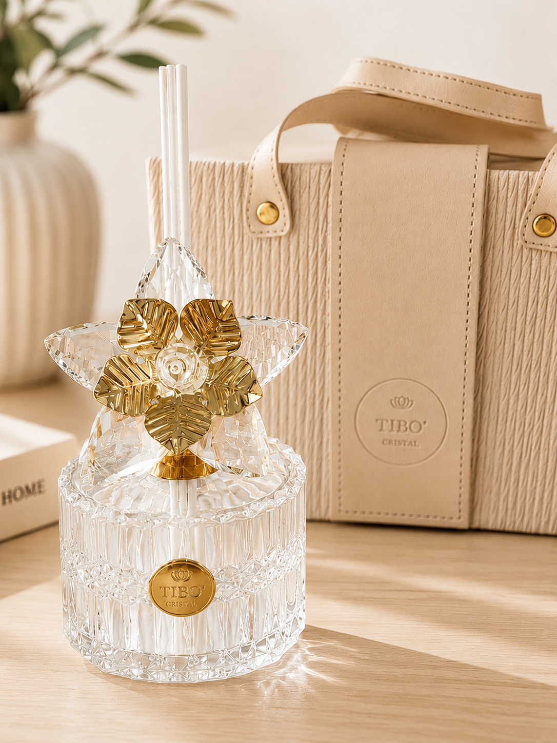 Profumatore Ambiente in Cristallo con Fiore Oro e Confezione Elegante