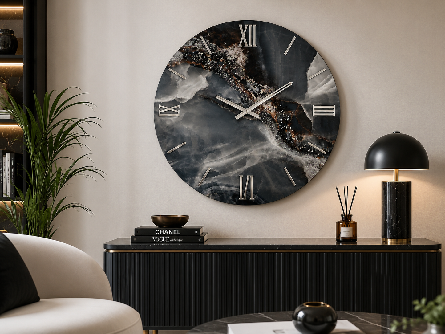 OBSIDIAN | Orologio Design Ø 60 cm in Legno con Finitura Effetto Marmo in Resina