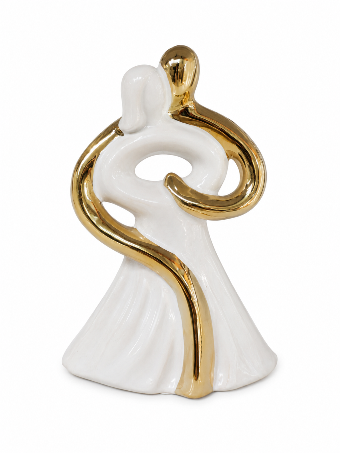 Scultura Moderna Coppia Astratta in Ceramica Bianca e Oro – Decorazione Elegante