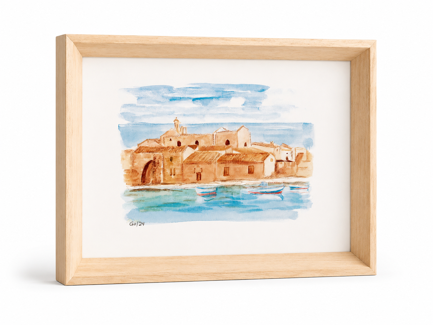 Marzamemi – Acquarello Originale 35×25 cm con Cornice in Legno