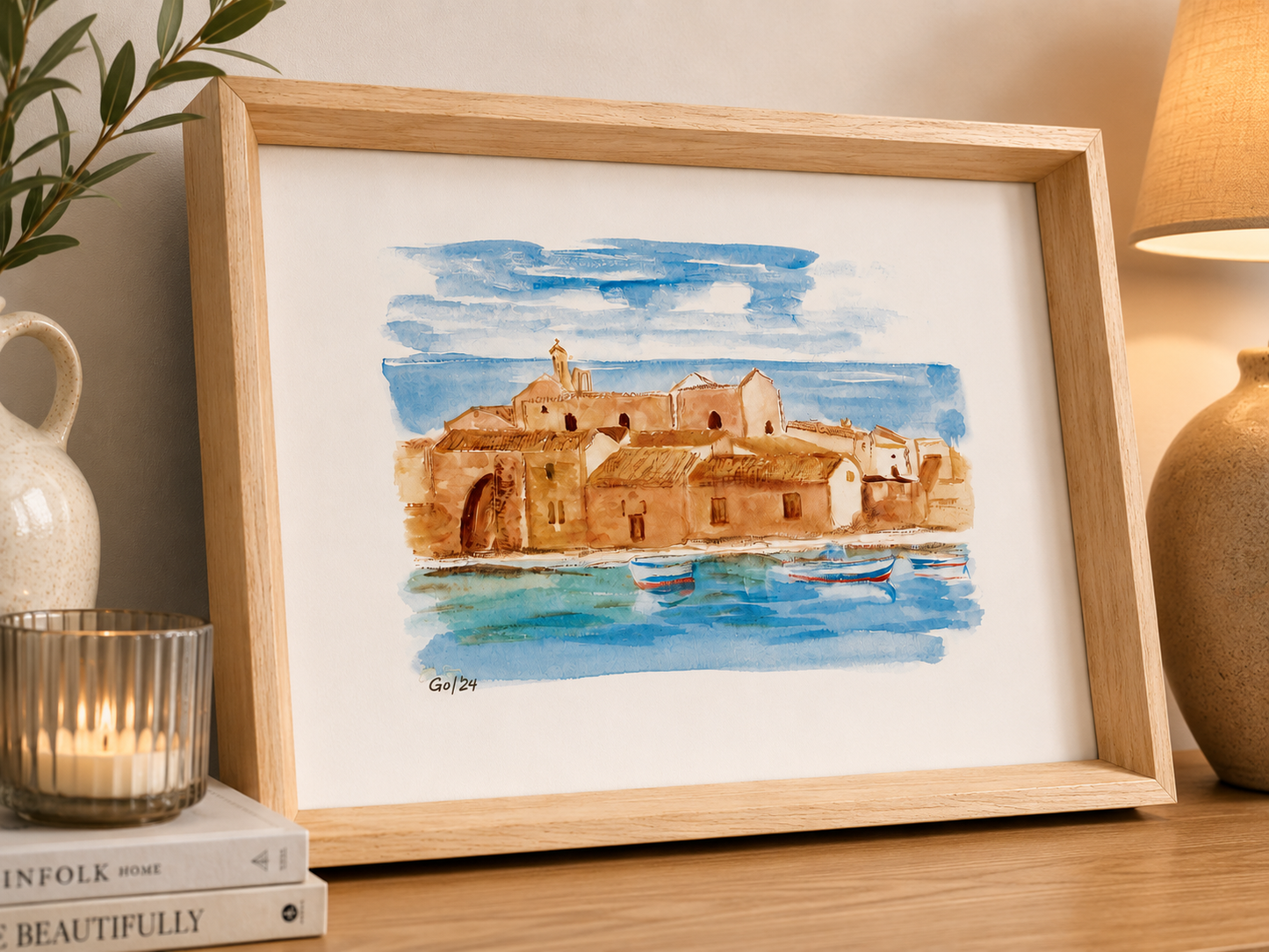 Marzamemi – Acquarello Originale 35×25 cm con Cornice in Legno