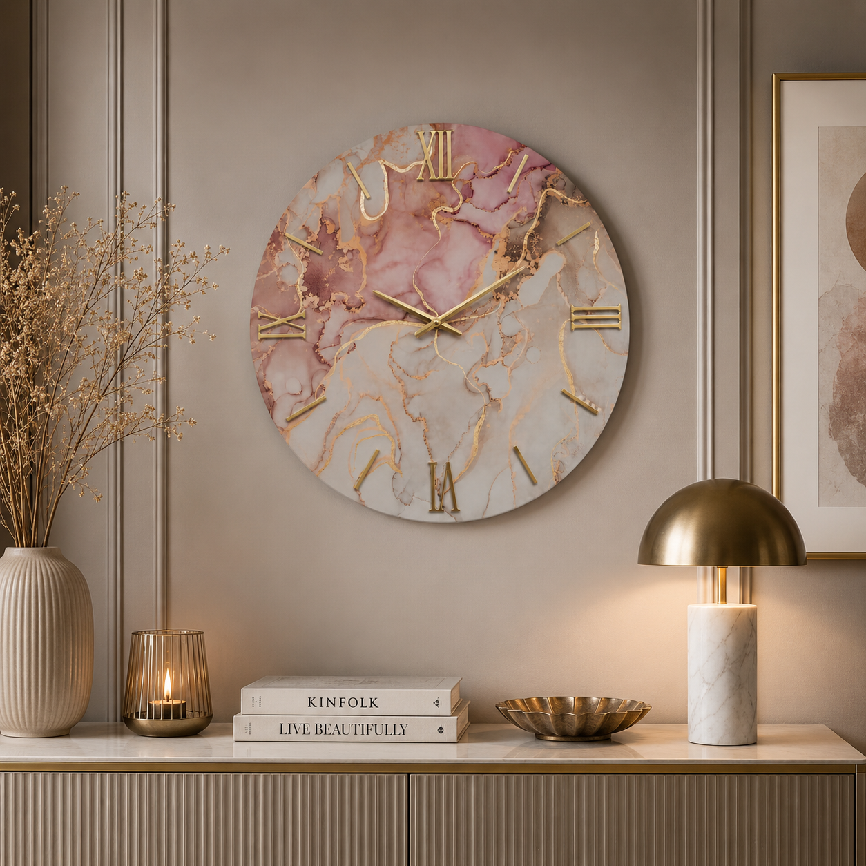 ROSA AURUM | Orologio Design Ø 60 cm in Legno con Finitura Effetto Marmo in Resina
