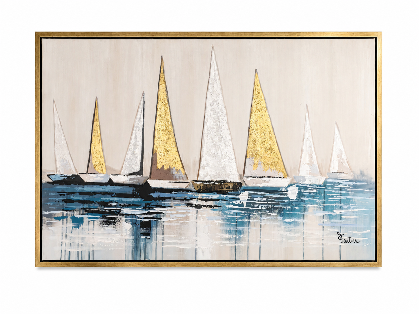 Quadro Barche a Vela Moderno con Foglia Oro – Dipinto Astratto Mare con Cornice Oro