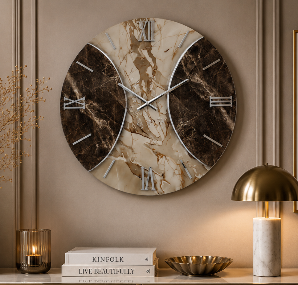 ONYX | Orologio Design Ø 60 cm in Legno con Finitura Effetto Marmo in Resina