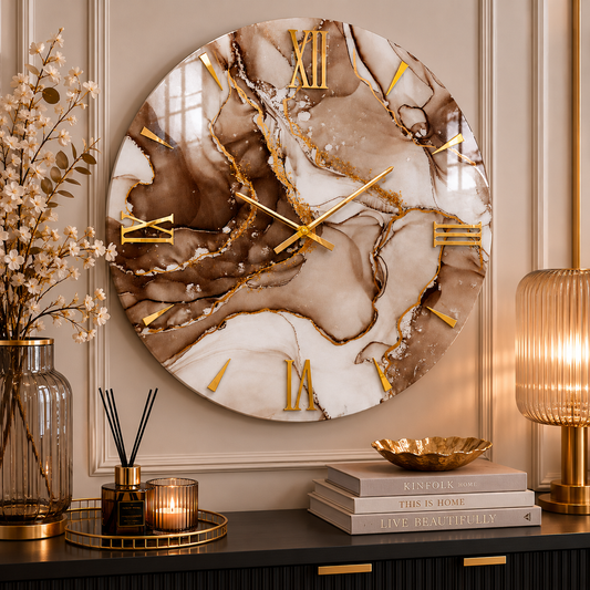 AURUM | Orologio Design Ø 80 cm in Legno con Finitura Effetto Marmo in Resina