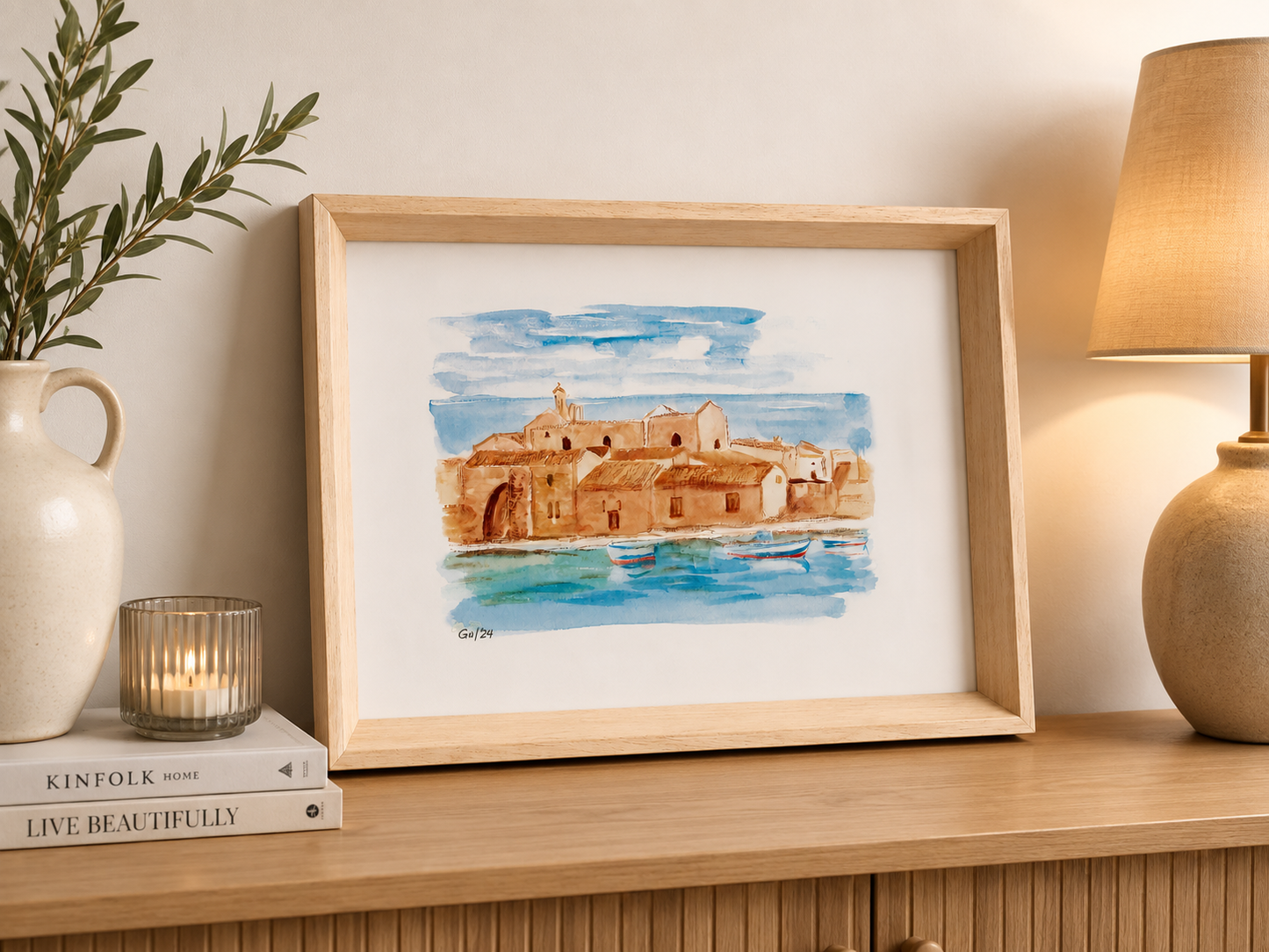 Marzamemi – Acquarello Originale 35×25 cm con Cornice in Legno