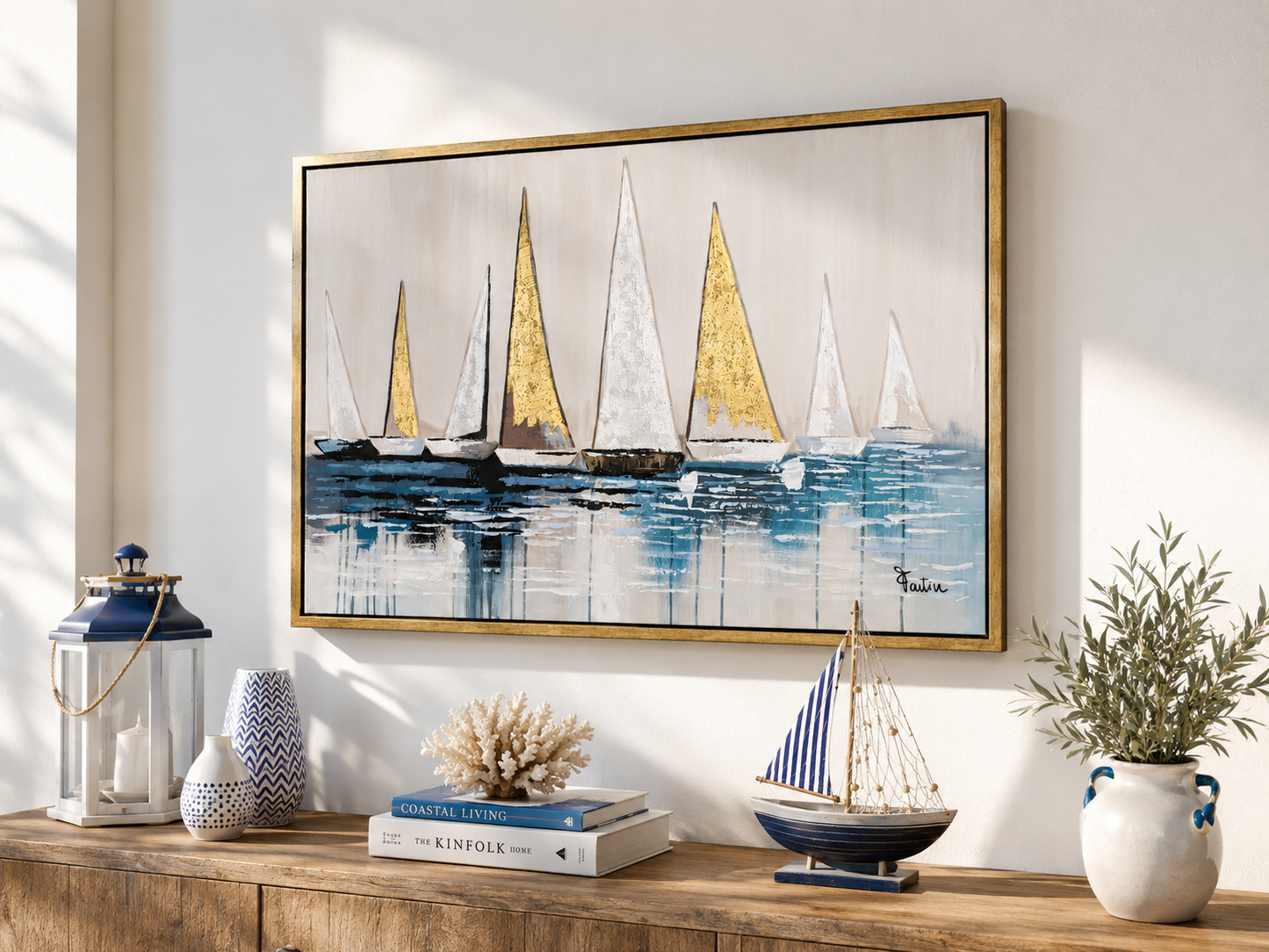 Quadro Barche a Vela Moderno con Foglia Oro – Dipinto Astratto Mare con Cornice Oro