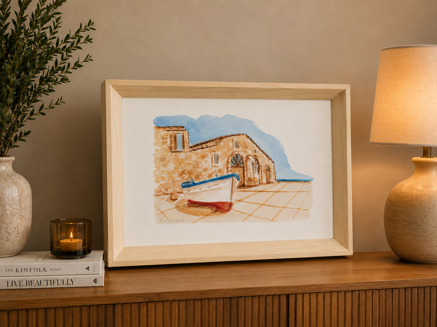 Tonnara con Barca – Acquarello Originale 35×25 cm con Cornice in Legno