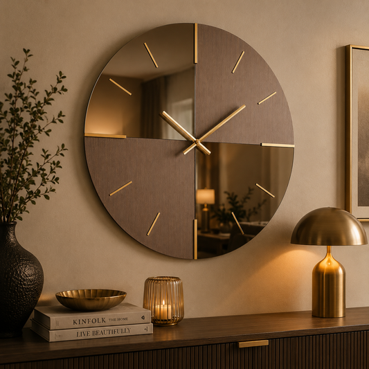 BRONZE | Orologio Design Ø 80 cm in Legno e Specchio Bronzato