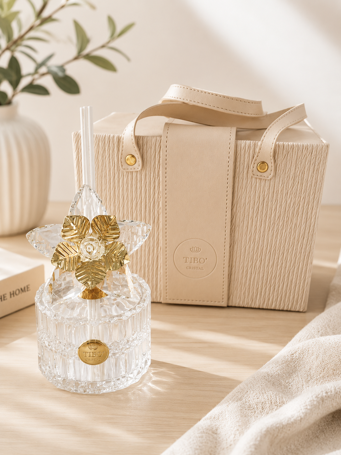 Profumatore Ambiente in Cristallo con Fiore Oro e Confezione Elegante