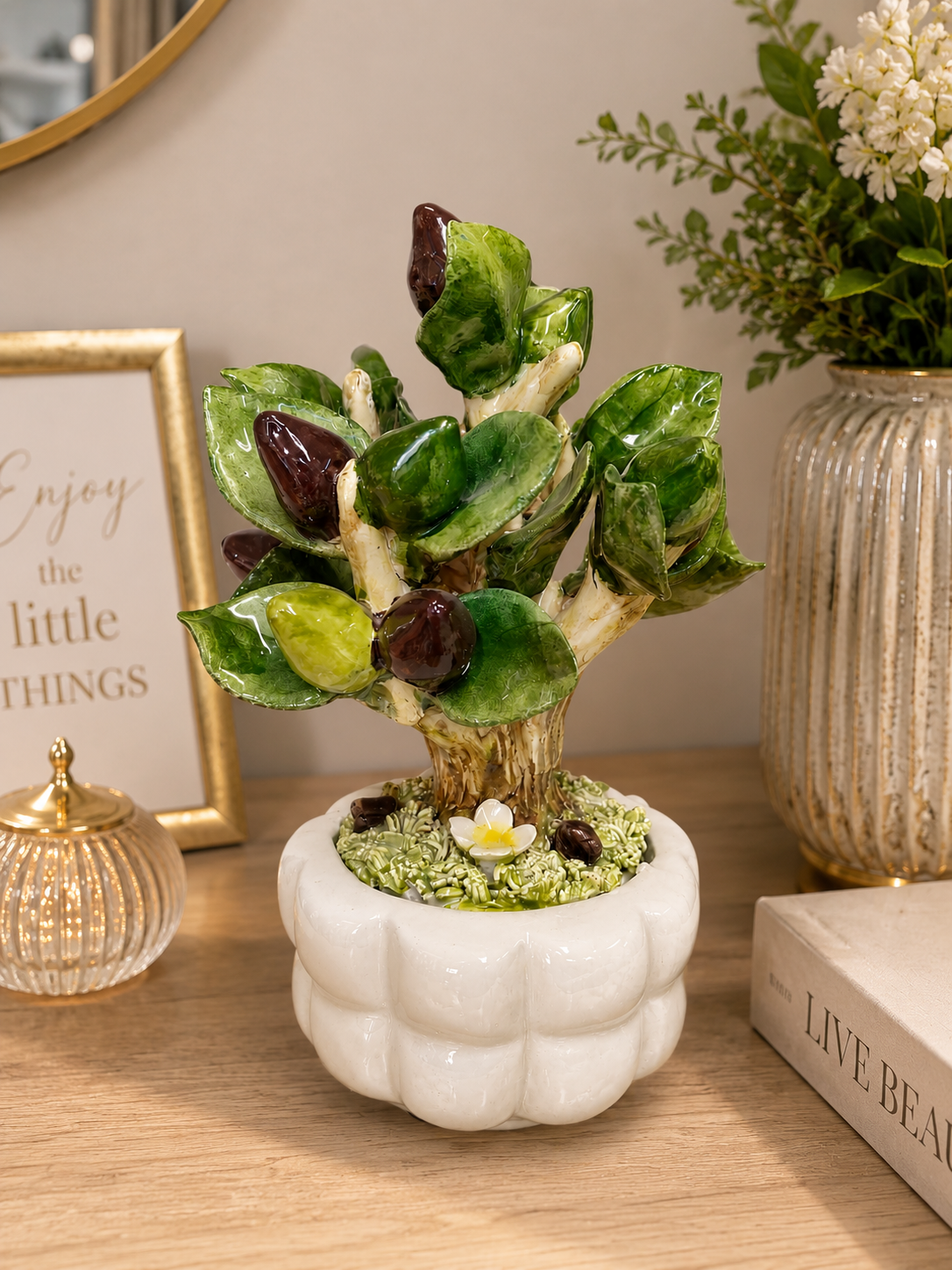 Ulivo in Ceramica Decorativo con Vaso Bianco – Scultura Artigianale per Arredo Casa
