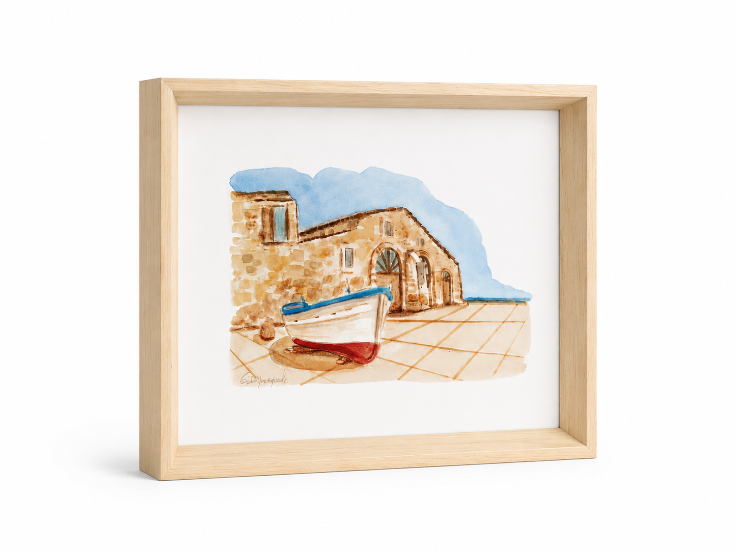 Tonnara con Barca – Acquarello Originale 35×25 cm con Cornice in Legno