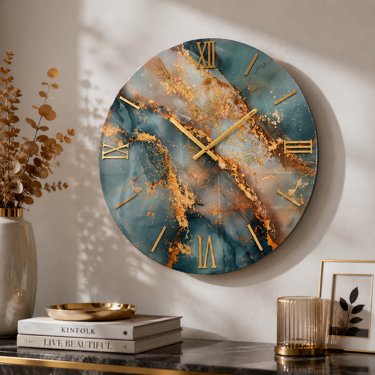 Ocean Gold – Orologio Design Ø 60 cm in Legno con Finitura Effetto Marmo Blu e Oro in Resina