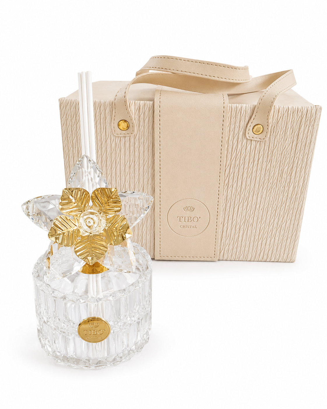 Profumatore Ambiente in Cristallo con Fiore Oro e Confezione Elegante