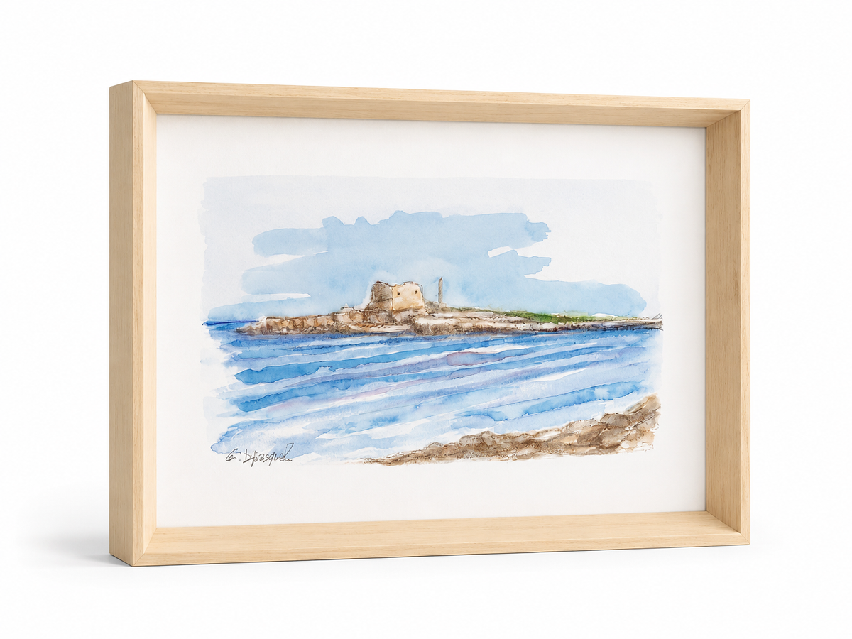 Isola delle correnti – Acquarello Originale 35×25 cm con Cornice in Legno