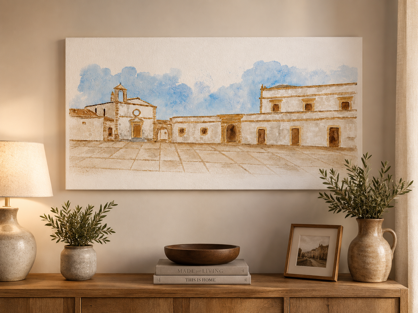 Quadro su Tela Materica Paesaggio Mediterraneo – Dipinto Decorativo con Effetto Intonaco