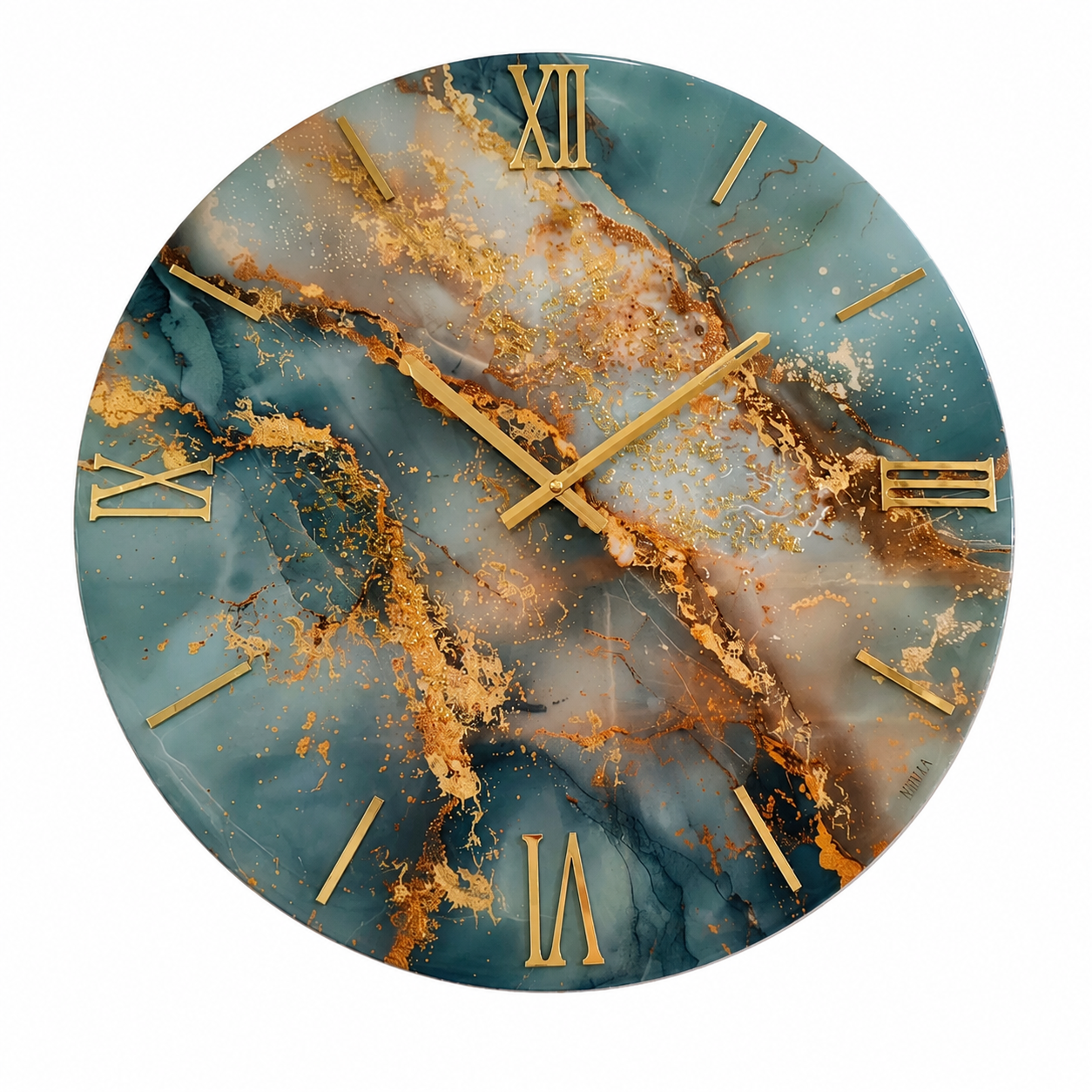 Ocean Gold – Orologio Design Ø 60 cm in Legno con Finitura Effetto Marmo Blu e Oro in Resina