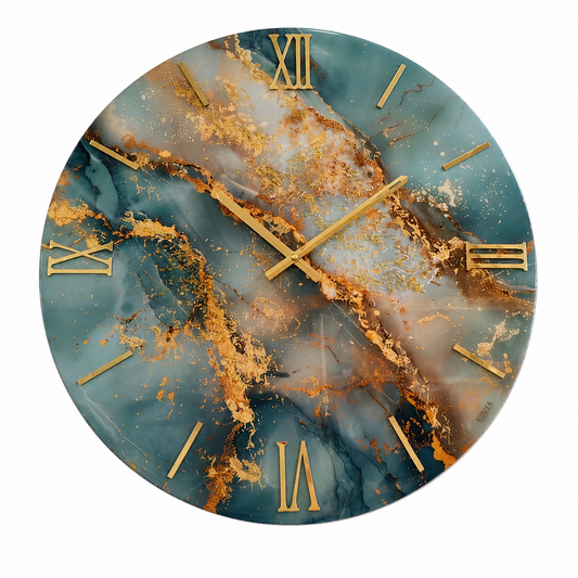 Ocean Gold – Orologio Design Ø 60 cm in Legno con Finitura Effetto Marmo Blu e Oro in Resina
