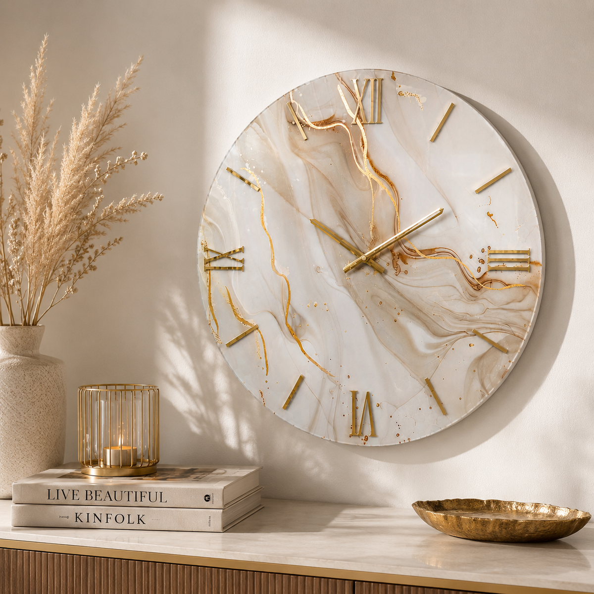 Champagne Gold | Orologio Design Ø 60 cm in Resina e Legno Effetto Marmo Champagne