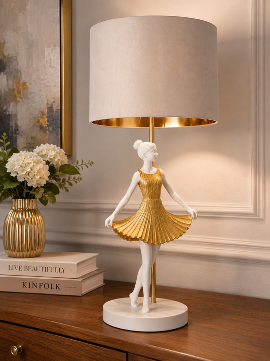 Lampada da Tavolo Ballerina Bianca e Oro – Lampada di Design Elegante per Camera e Soggiorno
