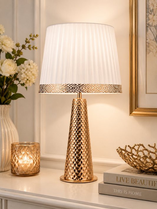 Lampada da Tavolo Oro Rosa con Paralume Plissettato – Lampada Elegante per Soggiorno e Camera