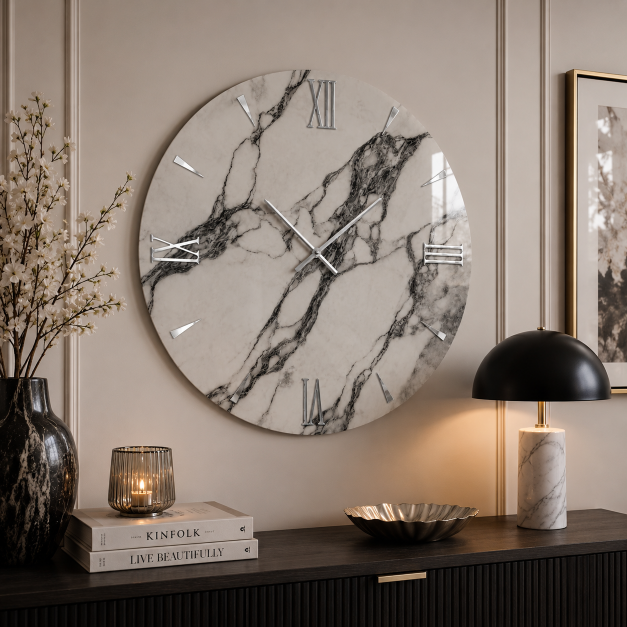 MARBLE | Orologio Design Ø 80 cm in Legno con Finitura Effetto Marmo in Resina