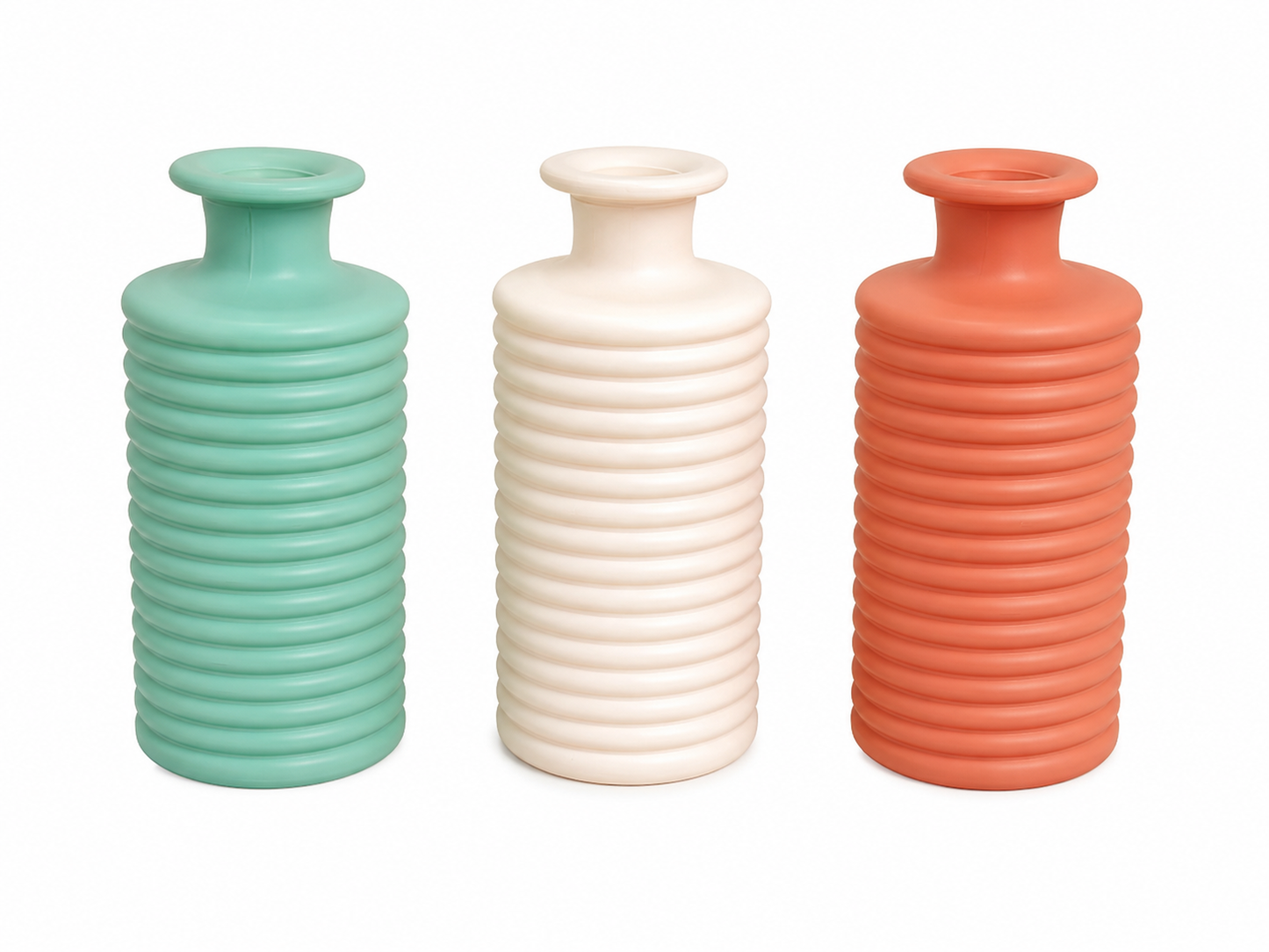 Set 3 Vasi Moderni in Vetro Ceramica Colorati – Verde, Bianco e Terracotta | Design Rigato per Arredo Casa