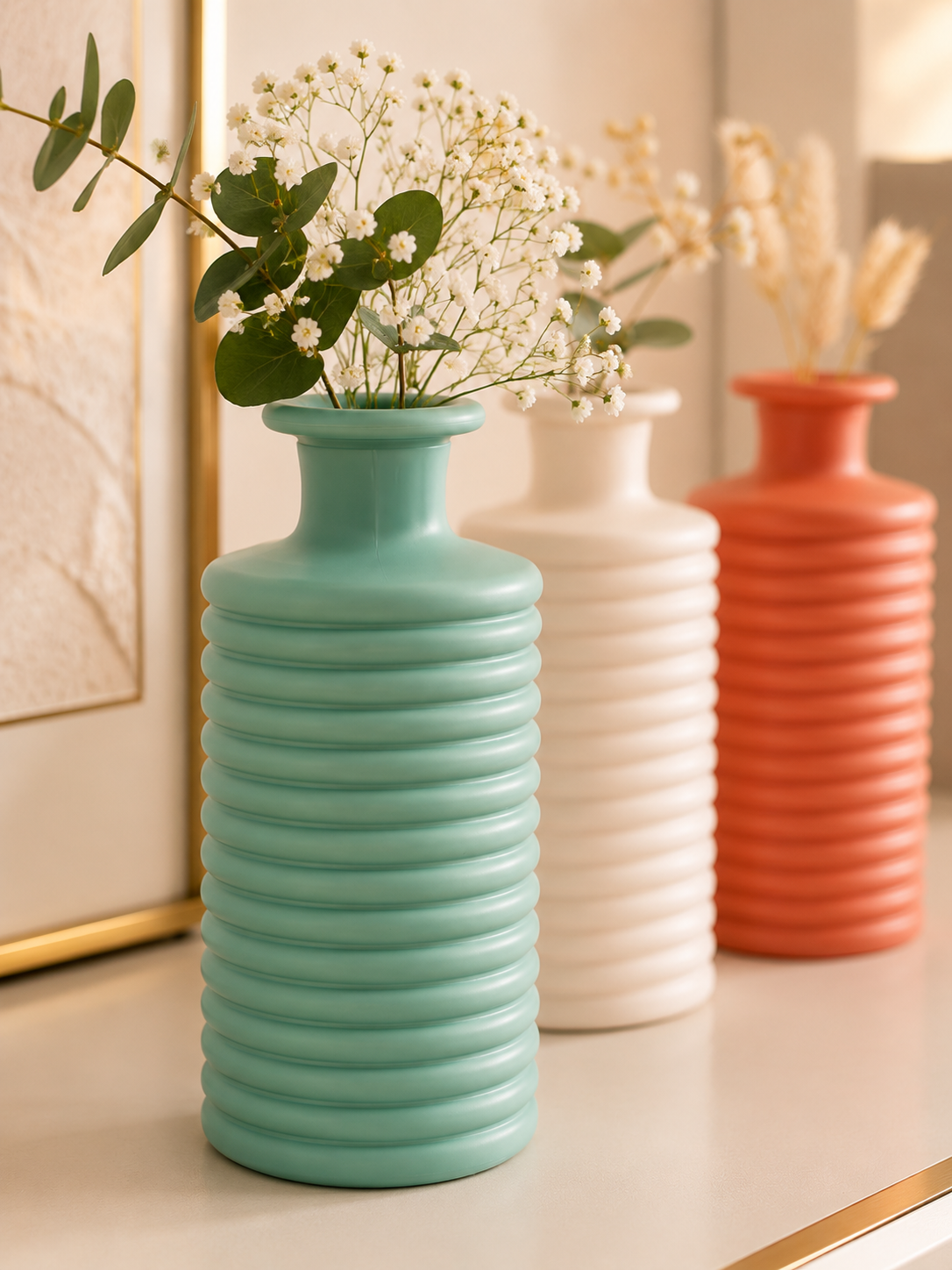 Set 3 Vasi Moderni in Vetro Ceramica Colorati – Verde, Bianco e Terracotta | Design Rigato per Arredo Casa