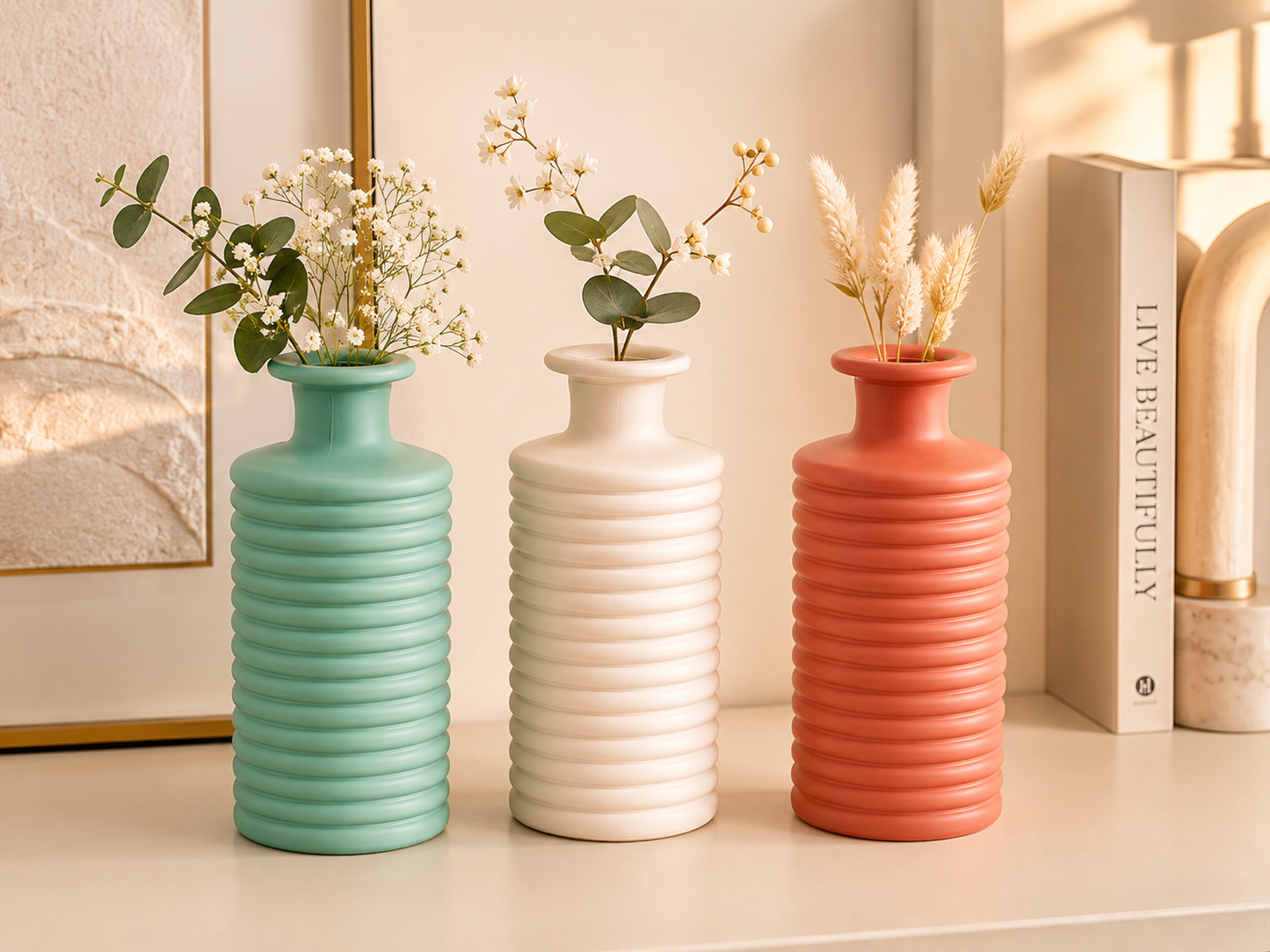 Set 3 Vasi Moderni in Vetro Ceramica Colorati – Verde, Bianco e Terracotta | Design Rigato per Arredo Casa