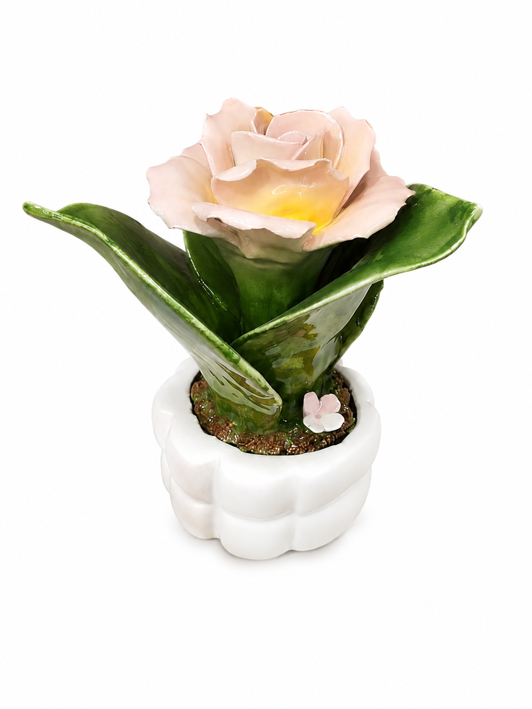 Rosa in Ceramica Decorativa con Vaso Bianco – Fiore Artigianale Elegante per Arredo Casa