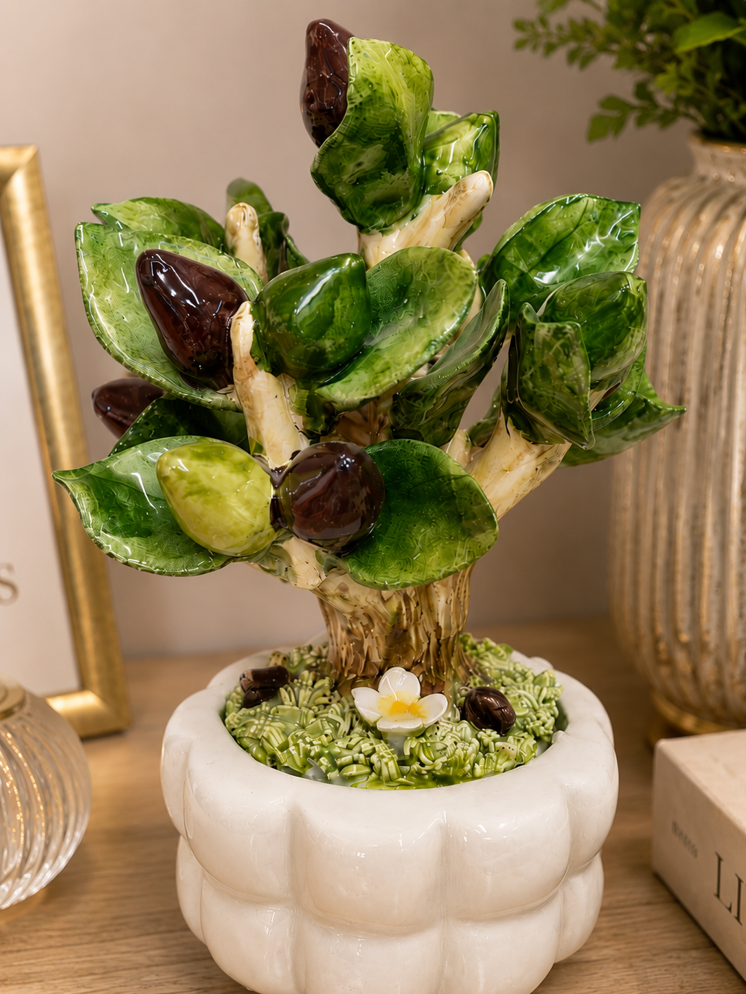 Ulivo in Ceramica Decorativo con Vaso Bianco – Scultura Artigianale per Arredo Casa
