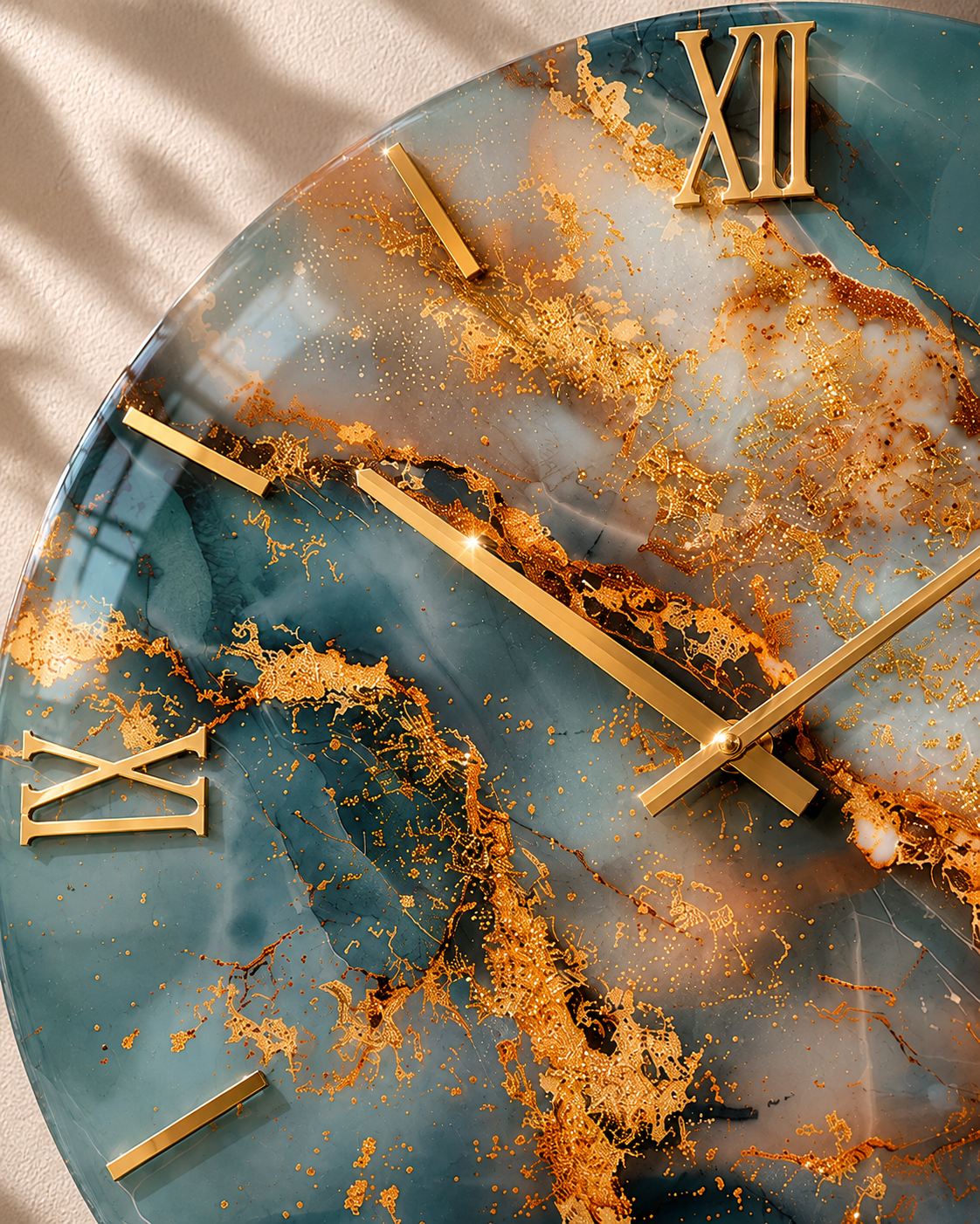 Ocean Gold – Orologio Design Ø 60 cm in Legno con Finitura Effetto Marmo Blu e Oro in Resina