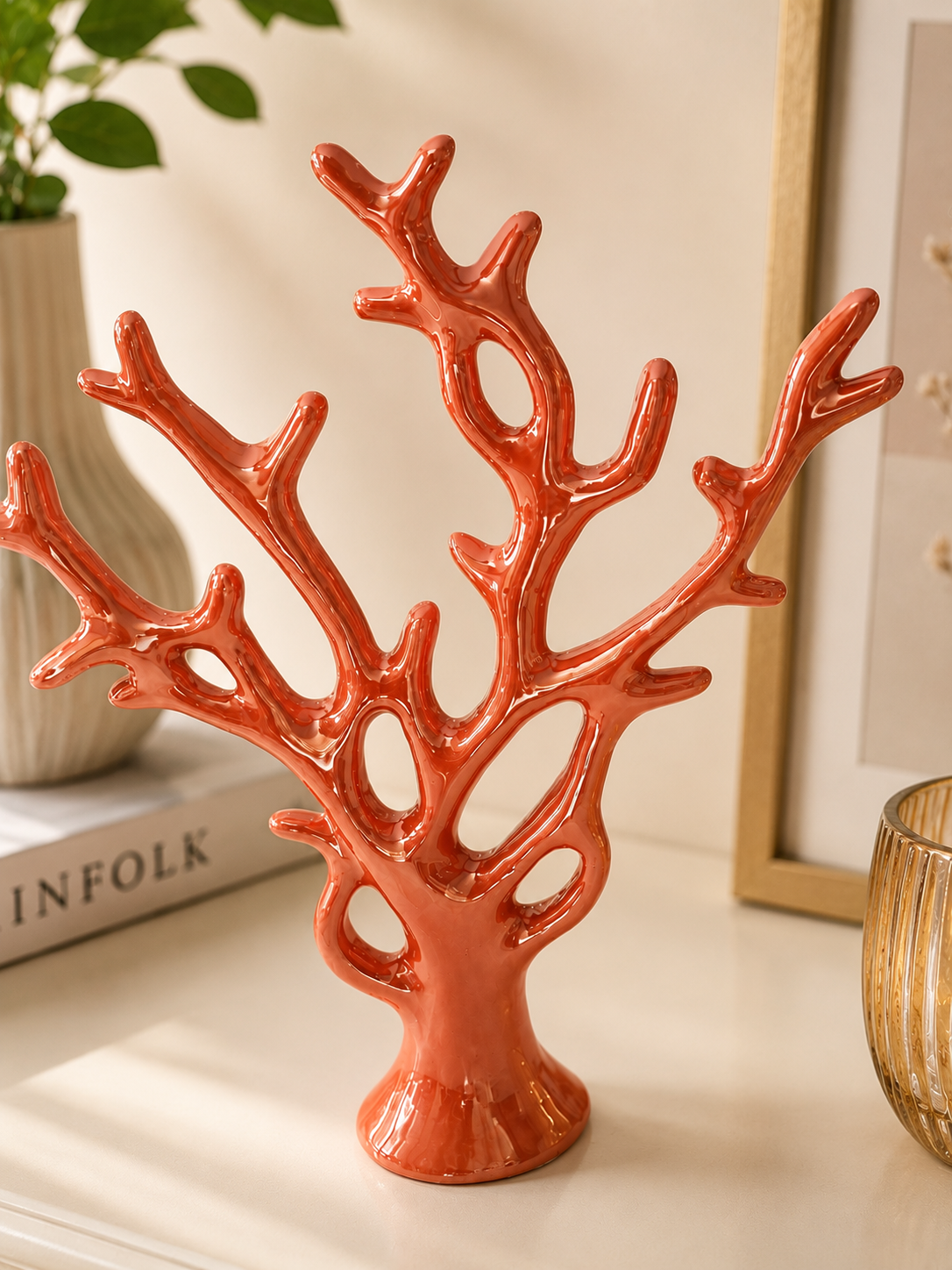Corallo Decorativo in Ceramica Rosa Lucido – Scultura Moderna per Arredo Casa